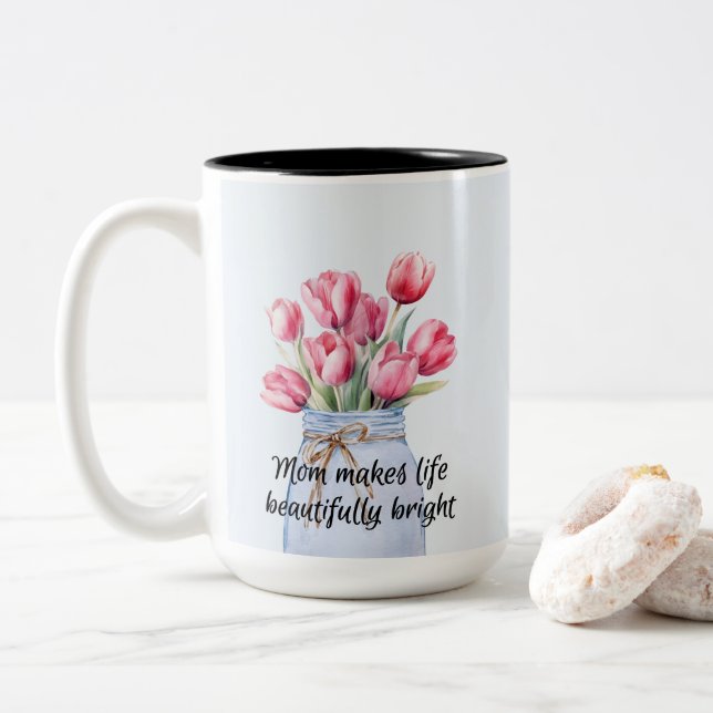 Beautiful Tulip For Mother's Day Two-Tone Coffee Mug (With Donut)