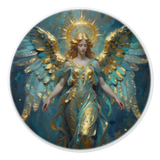 Beautiful Turquoise and Gold Angel Art Ceramic Knob