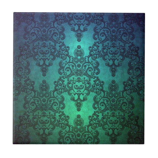 Beautiful Turquoise Blue Green Damask Tile (Front)