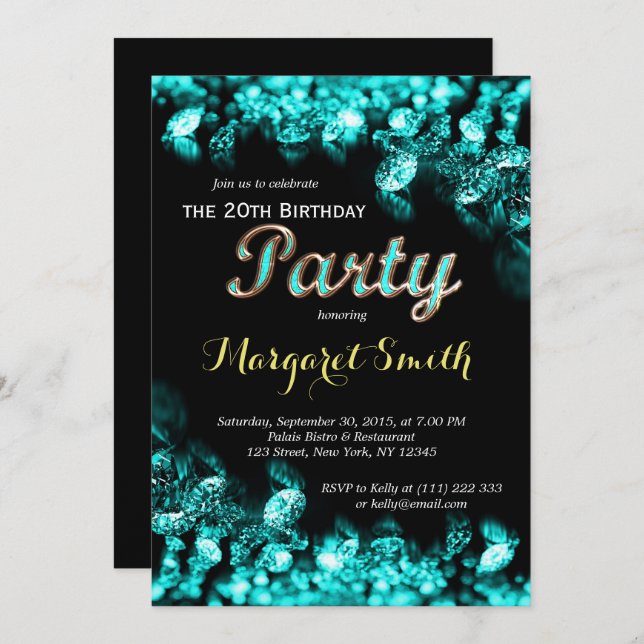 Beautiful Turquoise Diamond Birthday Invite (Front/Back)