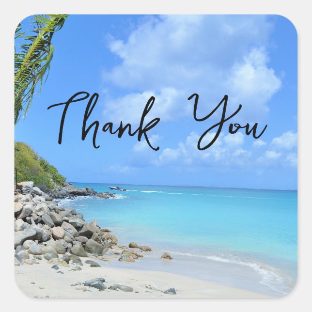 Beautiful Turquoise Tropical Beach Thank You Square Sticker (Front)
