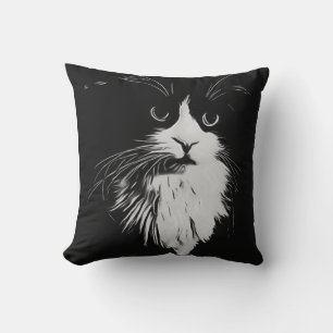 Beautiful Tuxedo Cat Black and White Art Print. Throw Pillow
