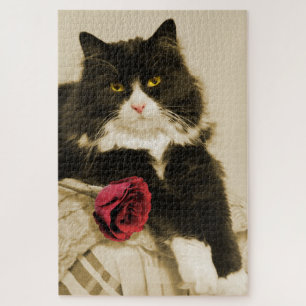 Beautiful Tuxedo Cat with Red Rose on Sepia Jigsaw Puzzle