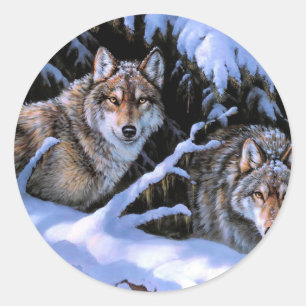 Beautiful Two Wolves Paintings Classic Round Sticker