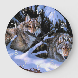Beautiful Two Wolves Paintings Large Clock