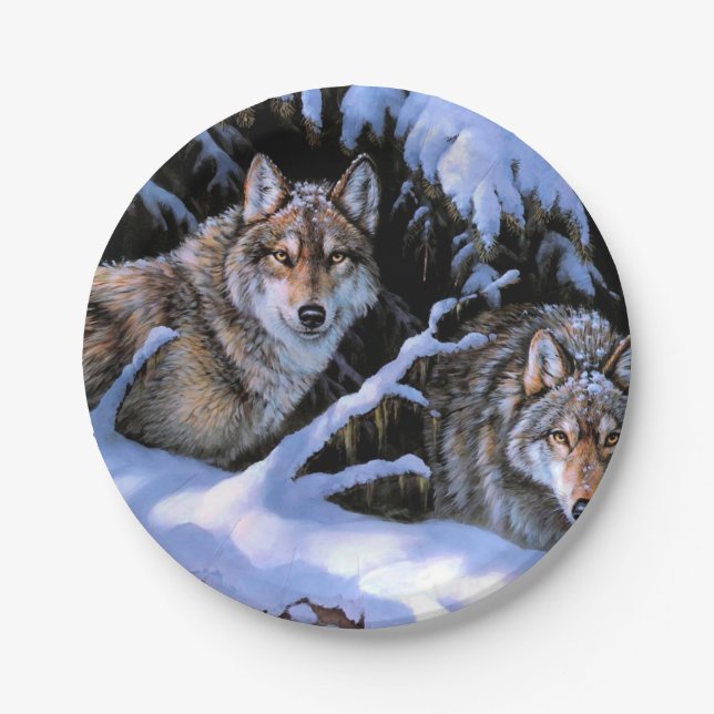 Beautiful Two Wolves Paintings Paper Plate (Front)