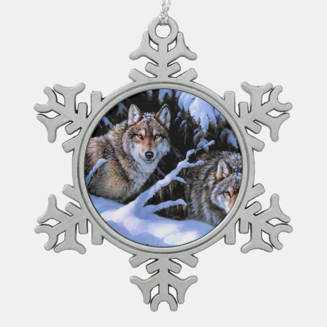 Beautiful Two Wolves Paintings Snowflake Pewter Christmas Ornament (Front)