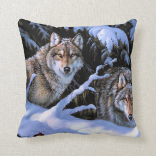 Beautiful Two Wolves Paintings Throw Pillow
