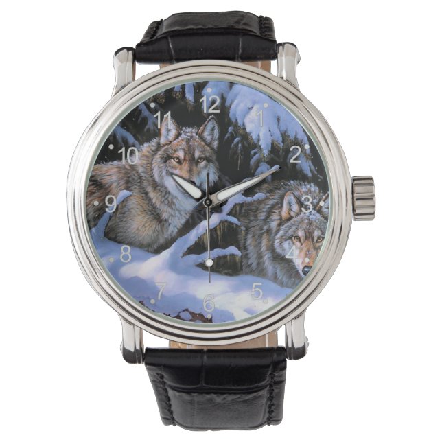 Beautiful Two Wolves Paintings Watch (Front)