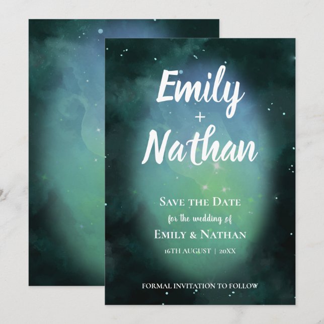 Beautiful UNDER THE STARS Green Typography Wedding Save The Date (Front/Back)