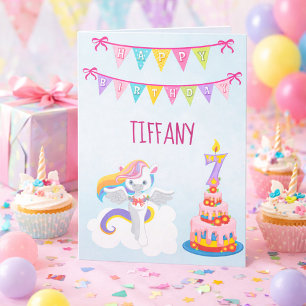 Beautiful Unicorn 7th Birthday Blue Card