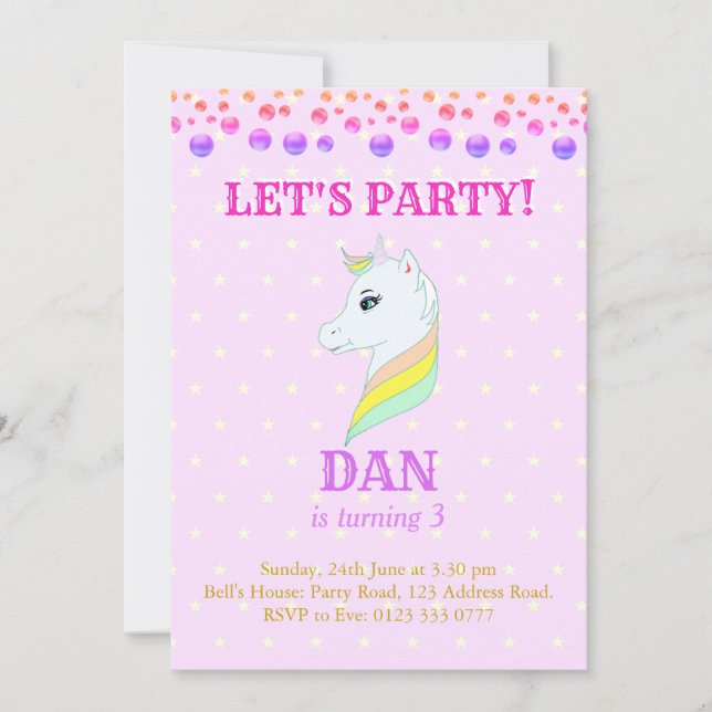 Beautiful Unicorn Birthday Invitation (Front)