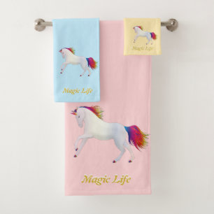 Beautiful unicorn & calligraphy on pastel colours bath towel set