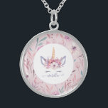 Beautiful unicorn face floral watercolor design sterling silver necklace<br><div class="desc">Beautiful fun colourful Unicorn face watercolor floral design. The perfect gift for the little girl in your life with this beautiful watercolor unicorn illustration and space to personalize. Part of a collection.</div>