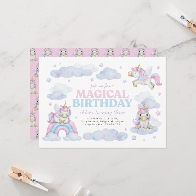 Beautiful Unicorn First Birthday Invitation Girl (Front/Back In Situ)