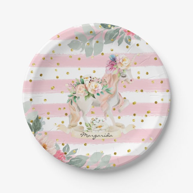 Beautiful Unicorn Pastel Pink Stripes Glitter Paper Plate (Front)