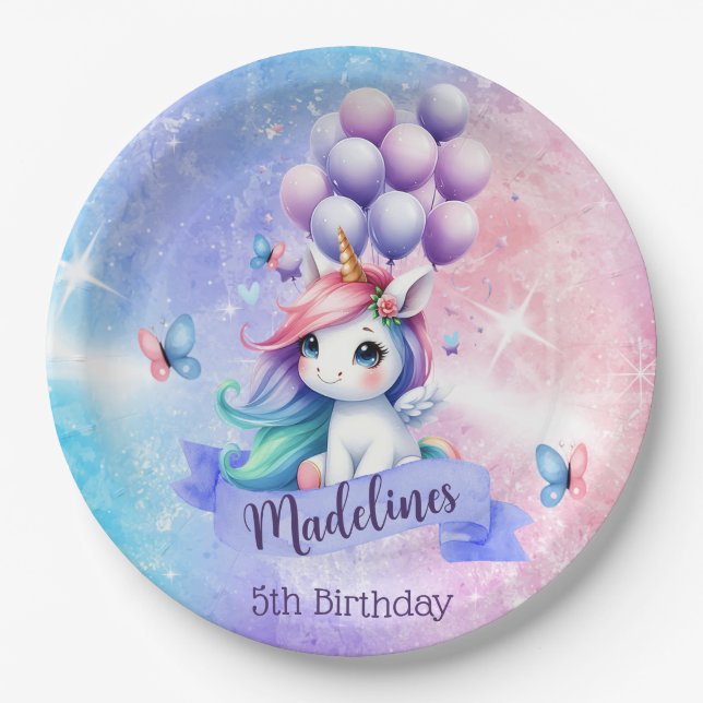 Beautiful Unicorn with Balloons Paper Plates (Front)