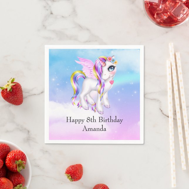 Beautiful Unicorn with Rainbow Mane Birthday Napkin (Insitu)