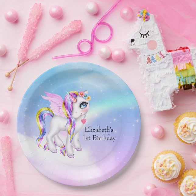 Beautiful Unicorn with Rainbow Mane Birthday Paper Plate (Party)
