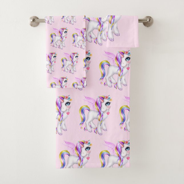 Beautiful Unicorn with Rainbow Mane Pattern Bath Towel Set (Insitu)