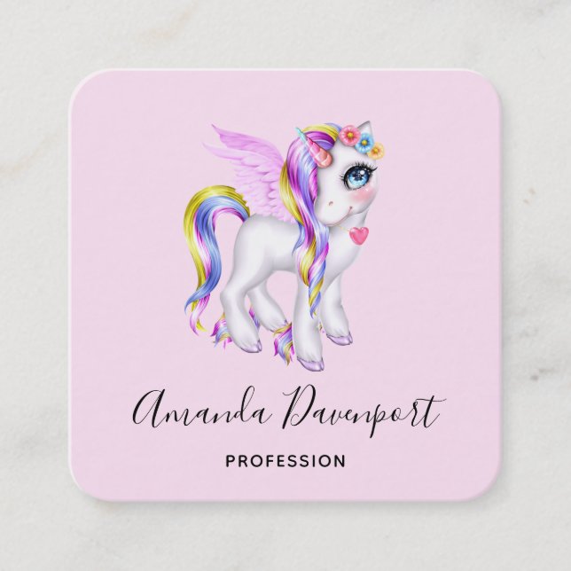 Beautiful Unicorn with Rainbow Mane Square Business Card (Front)