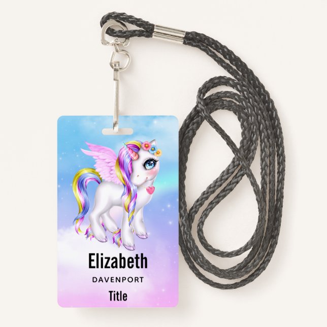 Beautiful Unicorn with Rainbow Mane & Tail Badge (Front with Lanyard)
