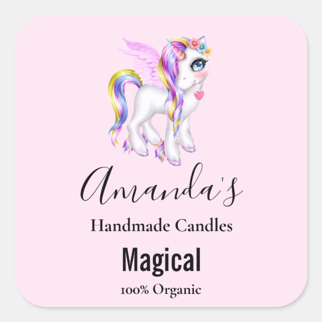 Beautiful Unicorn with Rainbow Mane & Tail Candle Square Sticker (Front)