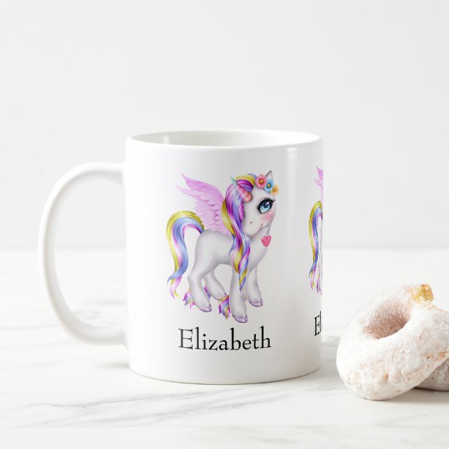 Beautiful Unicorn with Rainbow Mane & Tail Coffee Mug (With Donut)