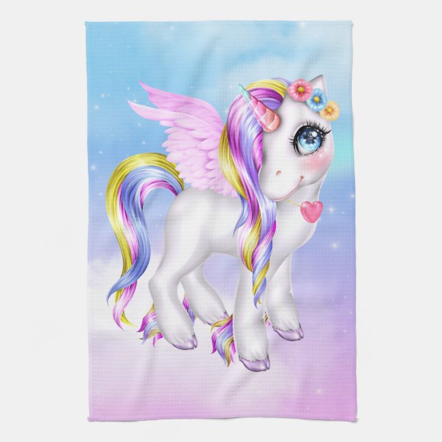 Beautiful Unicorn with Rainbow Mane & Tail Kitchen Towel (Vertical)