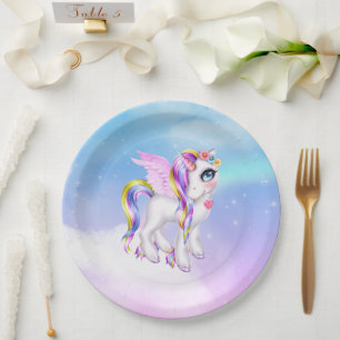 Beautiful Unicorn with Rainbow Mane & Tail Paper Plate