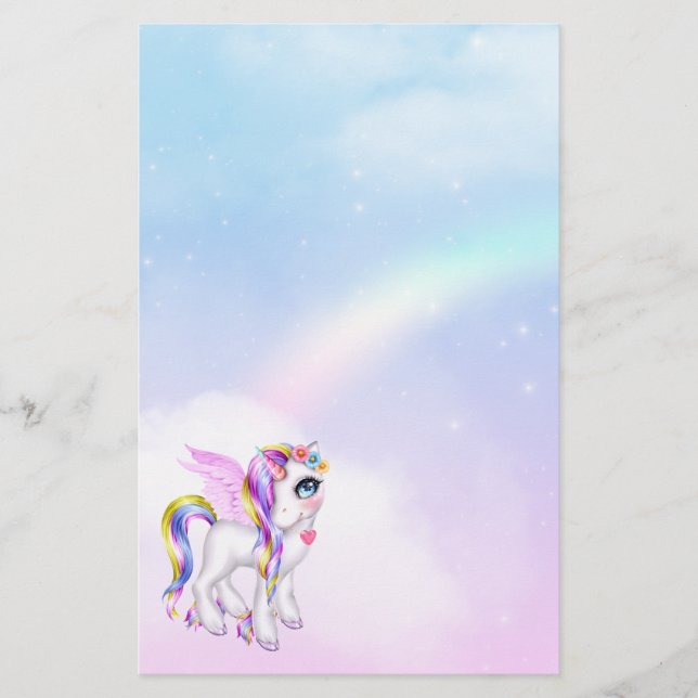 Beautiful Unicorn with Rainbow Mane & Tail Stationery (Front)
