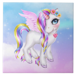 Beautiful Unicorn with Rainbow Mane & Tail Tile