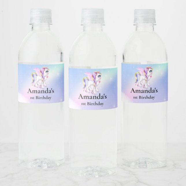 Beautiful Unicorn with Rainbow Mane & Tail Water Bottle Label (Bottles)
