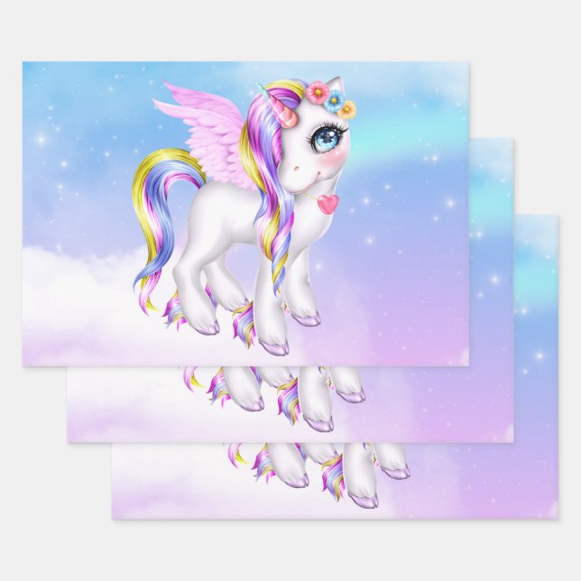 Beautiful Unicorn with Rainbow Mane & Tail Wrapping Paper Sheet (Set)