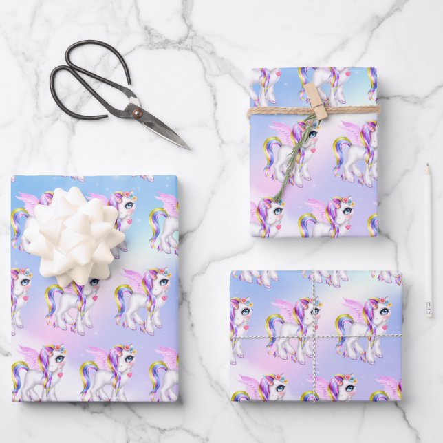Beautiful Unicorn with Rainbow Mane & Tail Wrapping Paper Sheet (Front)