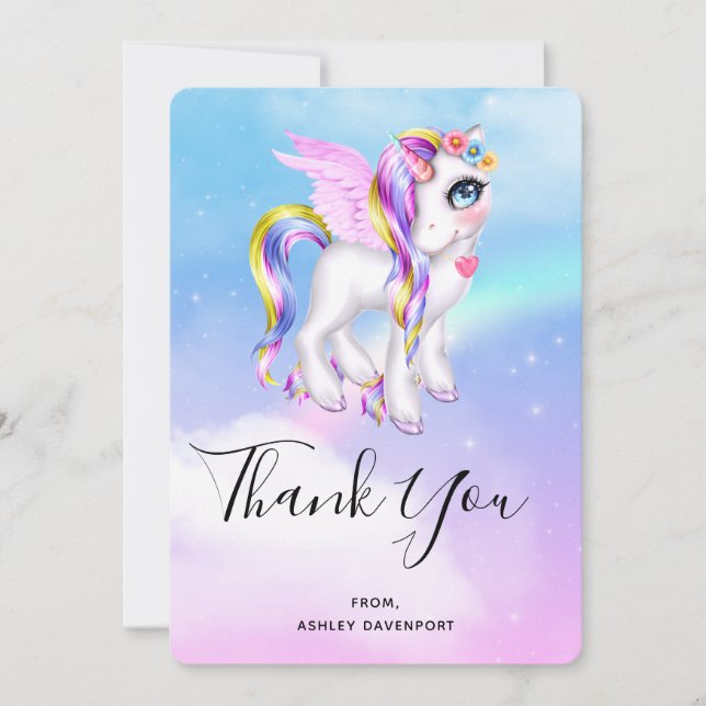Beautiful Unicorn with Rainbow Mane Thank You Card (Front)
