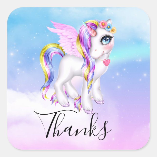 Beautiful Unicorn with Rainbow Mane Thank You Square Sticker (Front)