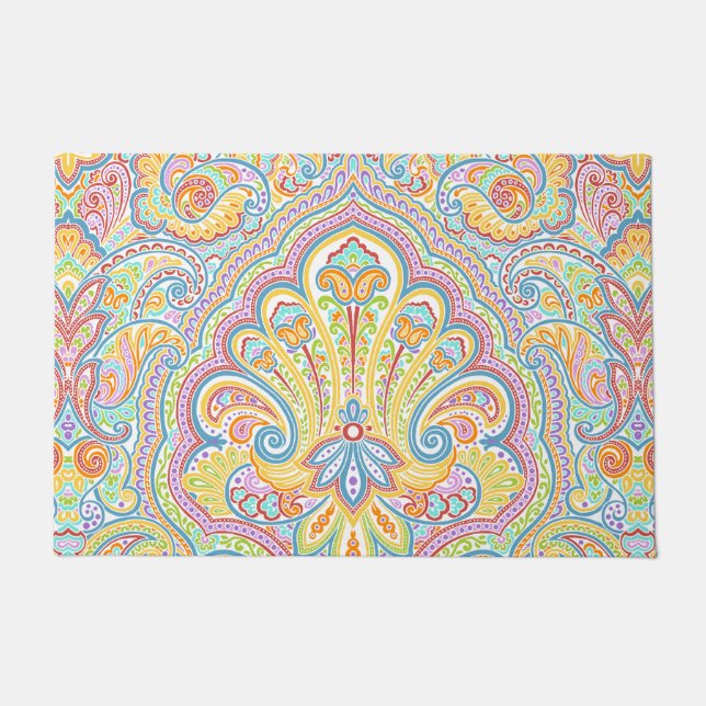 Beautiful Unique Aqua Blue Pink Paisley Art Doormat (Front)