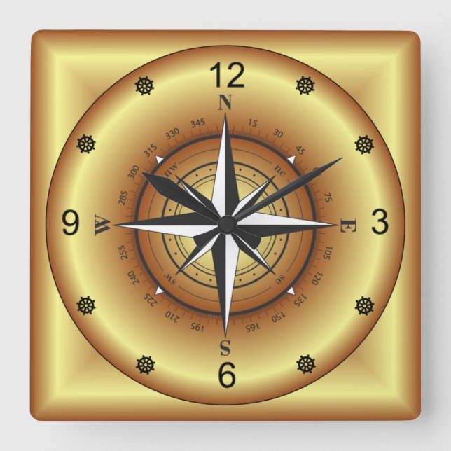 Beautiful Unique Gold & Black Compass Rose ~ Square Wall Clock (Front)