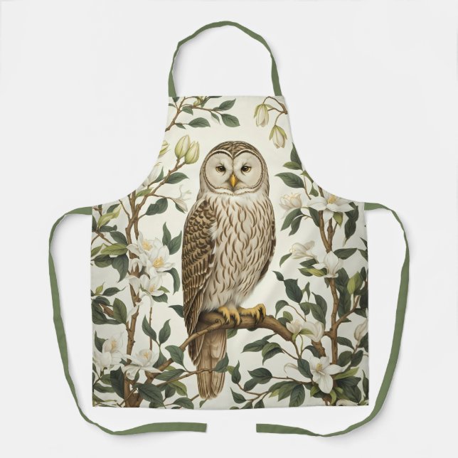 Beautiful Ural Owl And Magnolia Blossoms Apron (Front)