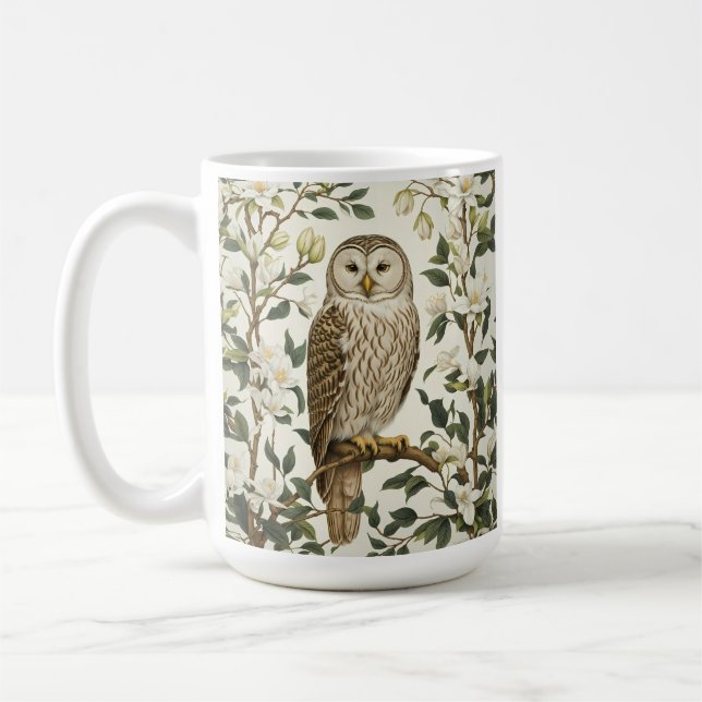 Beautiful Ural Owl And Magnolia Blossoms Coffee Mug (Left)