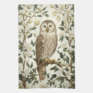 Beautiful Ural Owl And Magnolia Blossoms Kitchen Towel