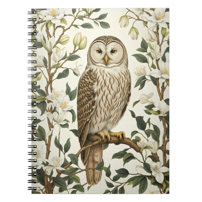 Beautiful Ural Owl And Magnolia Blossoms Notebook (Front)