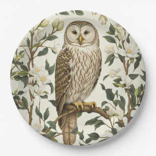 Beautiful Ural Owl And Magnolia Blossoms Paper Plate