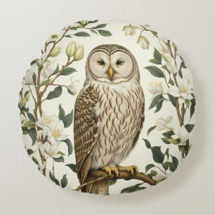Beautiful Ural Owl And Magnolia Blossoms Round Pillow