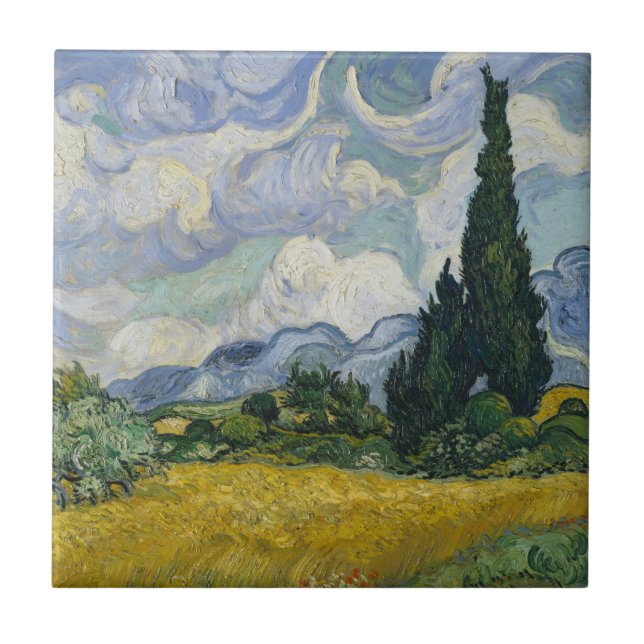 Beautiful Van Gogh Wheat Fields with Cypresses Tile (Front)