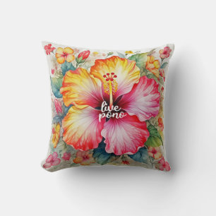 Beautiful vibrant LIVE PONO hibiscus flower design Throw Pillow