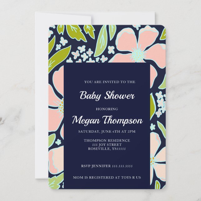 Beautiful vibrant pink/ blue flower Baby Shower Invitation (Front)
