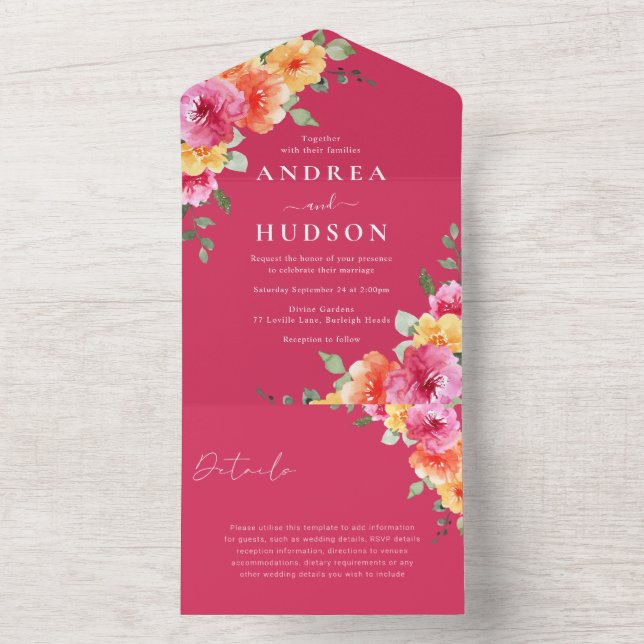 Beautiful Vibrant Pink Floral Wedding All In One Invitation (Inside)