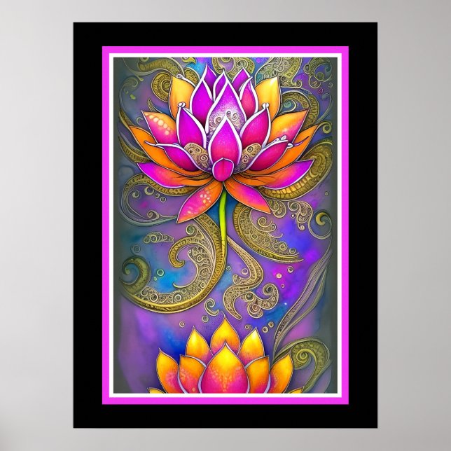 Beautiful Vibrant Pink Ornate Lotus Flowers Poster (Front)